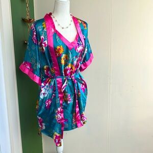Vintage 80s 90s Blue and Pink Satiny Robe and Nightgown Set